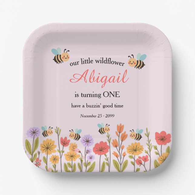 Our Little Wildflower Floral Bee 1st Birthday Paper Plates (Front)
