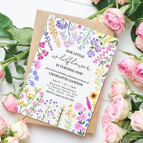 Our Little Wildflower Floral First Girl Birthday   Invitation