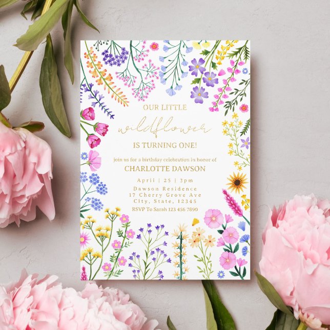 Our Little Wildflower Floral Girl 1st Birthday Foil Invitation (Our Little Wildflower Floral First Girl Birthday Foil Invitation)