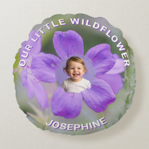 Our Little Wildflower Lilac Geranium Custom Photo Round Pillow