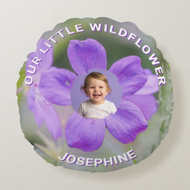 Our Little Wildflower Lilac Geranium Custom Photo Round Pillow (Front)