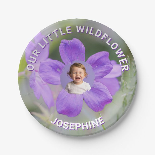 Our Little Wildflower Purple Geranium Custom Photo Paper Plates (Front)