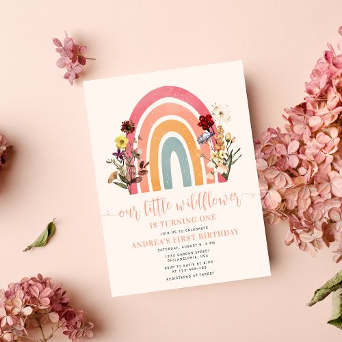 Our Little Wildflower Rainbow Girl 1st Birthday Invitation