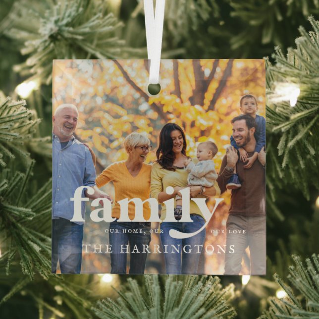 Our Love | Family Name Quote & Photo Gift Glass Ornament (Insitu)
