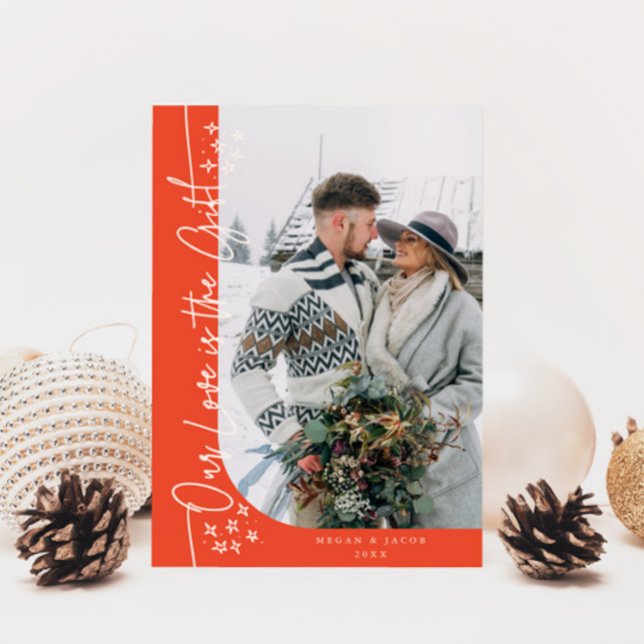 Our Love Gift Christmas Newlywed Photo Red Holiday Card (Creator Uploaded)