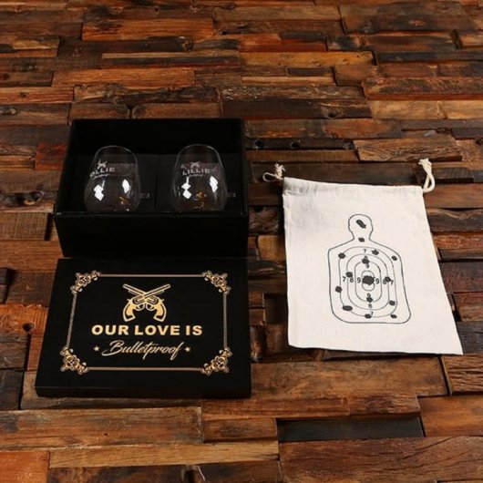 Our Love Is Bulletproof His and Her Wine Glasses (Front)