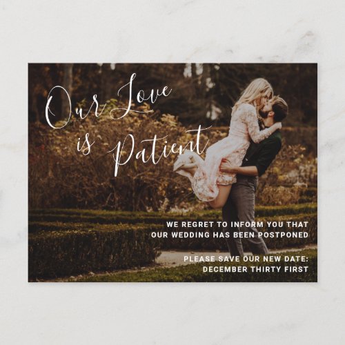 Our Love Is Patient Photo Wedding Postponement Announcement Postcard