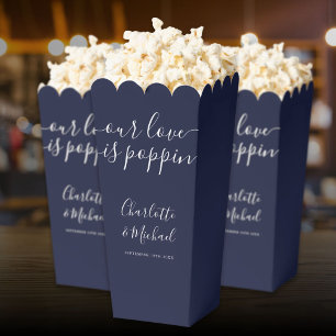 Our Love Is Poppin Navy Blue Wedding Popcorn Favor Boxes