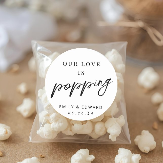 Our Love is Popping Wedding Popcorn Favor Classic Round Sticker (Creator Uploaded)