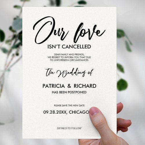 Our Love Isnt Cancelled Wedding Postponement Invitation