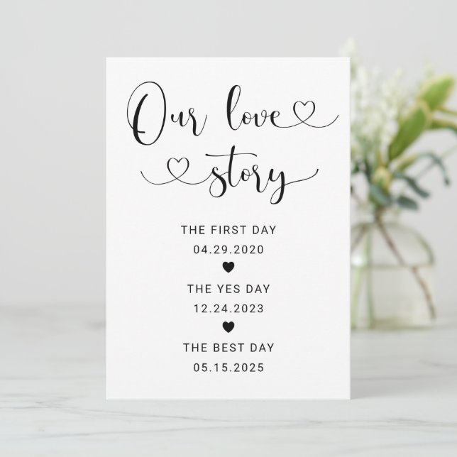 Our Love Story Black Heart Script Wedding Sign Invitation (Standing Front)