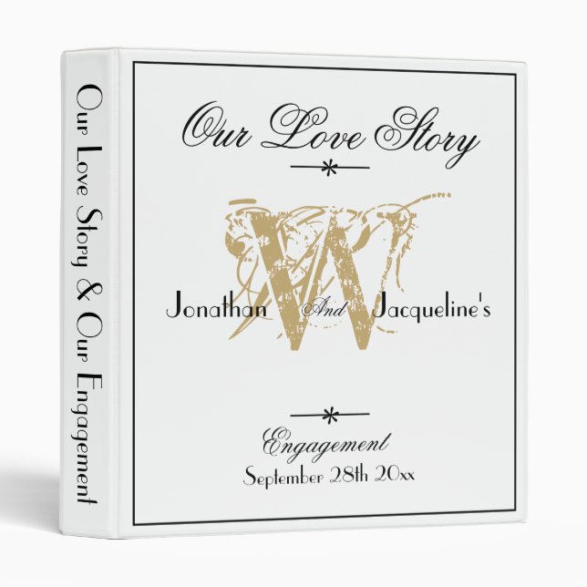 Our Love Story Elegant White Monogram Engagement 3 Ring Binder (Front/Spine)