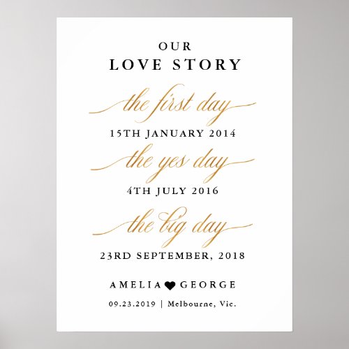 Our love story gold faux wedding date sign