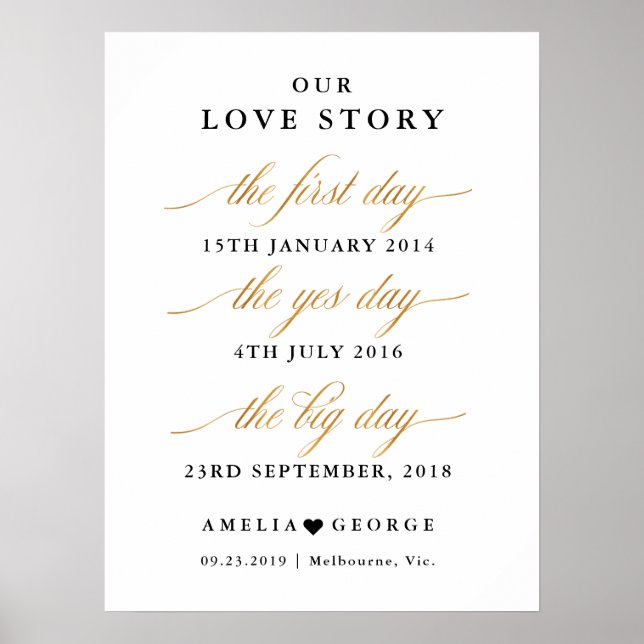 Our love story gold faux wedding date sign (Front)