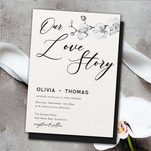 Our Love Story Modern Black White Orchids Wedding Invitation