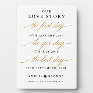 Our love story timeline sign gold plaque