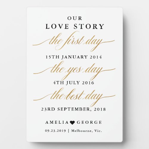Our love story timeline sign gold plaque