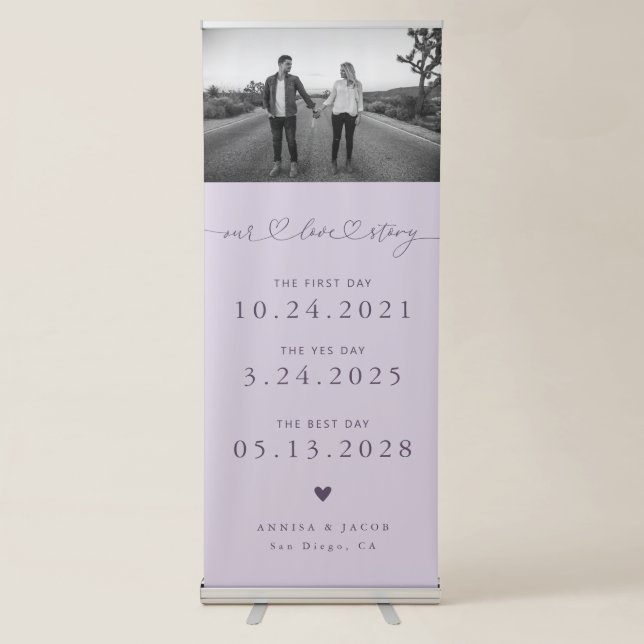 Our Love Story Wedding Timeline Photo Purple Retractable Banner (Front)