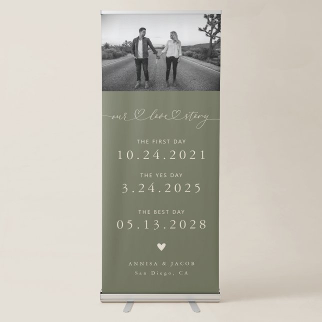 Our Love Story Wedding Timeline Photo Sage Green Retractable Banner (Front)