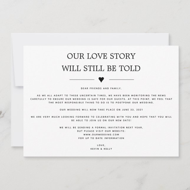 Our Love Story will Still be Told Change the Date Invitation (Front)