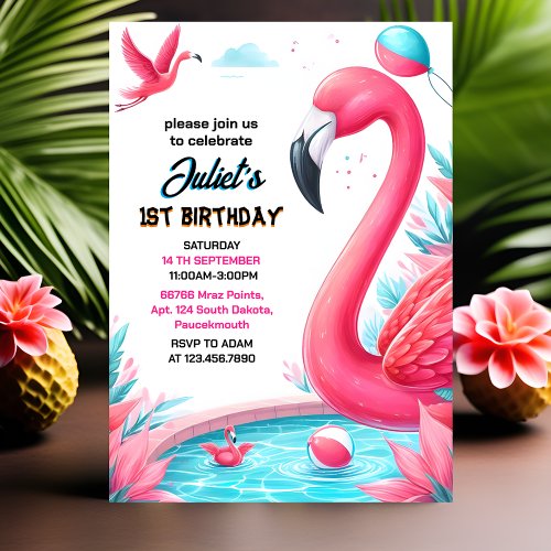 Our Luau Fly Pink Flamingo Pool Party 1st birthday Invitation