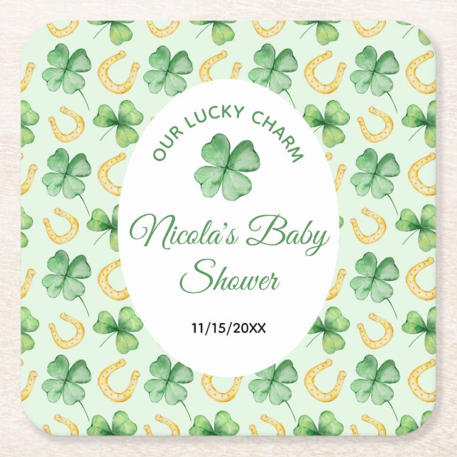 Our Lucky Charm St Patrick's Baby Shower Square Paper Coaster (Front)