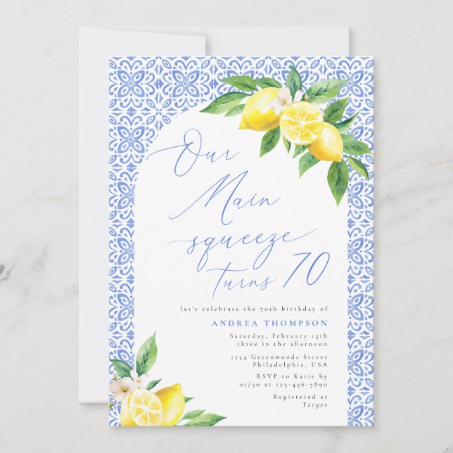 Our Main Squeeze turns 70 Lemon Italian Birthday Invitation (Front)
