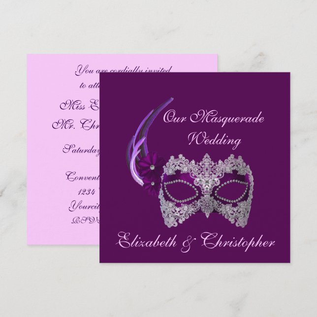 "Our Masquerade Wedding" - Royal Purple Mask [b] Invitation (Front/Back)