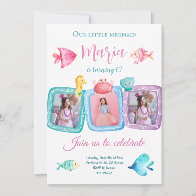 Our Mermaid 3 Photo Collage Birthday Invitation  (Front)