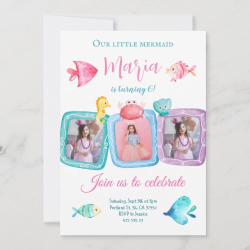 Our Mermaid 3 Photo Collage Birthday Invitation 