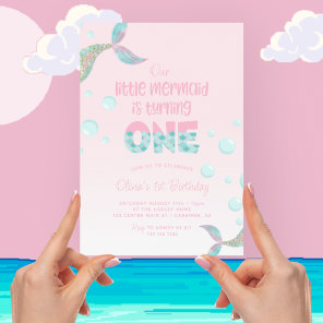 Our Mermaid Is One Pink 1st Birthday Invitation