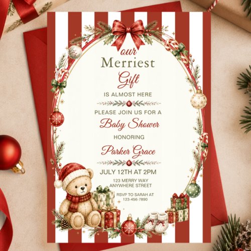 Our Merriest Gift Red Green Christmas Baby Shower Invitation