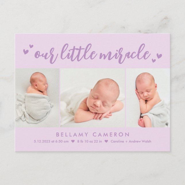 Our Miracle Editable Color Baby Birth Announcement Postcard (Front)