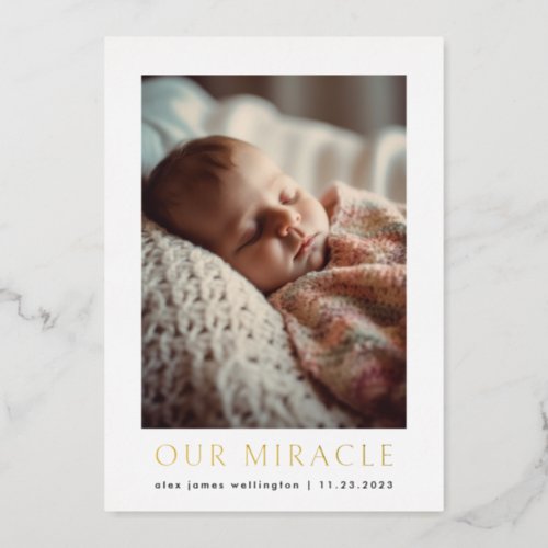 Our Miracle Modern Photo Baby Birth Foil Holiday Card