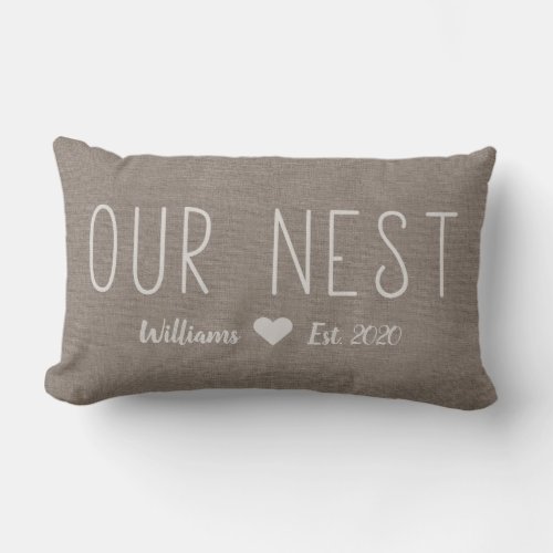 Our Nest Name Est Rustic Linen Personalized Lumbar Pillow