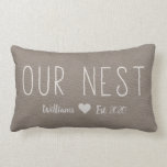 Our Nest Name Est. Rustic Linen Personalized Lumbar Pillow<br><div class="desc">Simple and cute, this Our Nest Name Est. Rustic Linen Personalized lumber throw pillow is the perfect accent pillow for the country home. The background is a dove grey digital linen embellished with the words "Our Nest" in a cute, modern hand lettered typography. Personalize with the family name and year...</div>