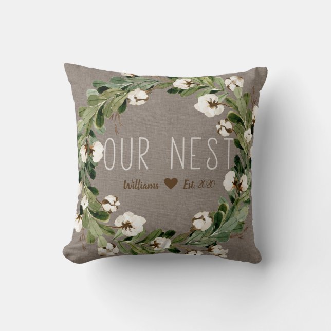 Our Nest Name Natural Personalized Cotton Wreath Throw Pillow (Front)