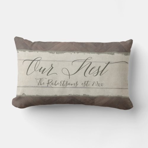 Our Nest Rustic Farm Farmhouse Wood Family Name Lumbar Pillow