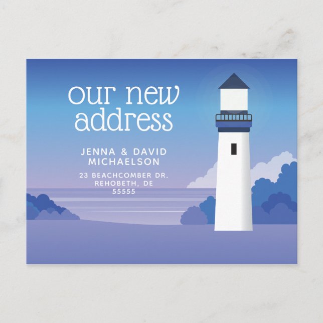 Our New Address | Beach and Lighthouse Postcard (Front)