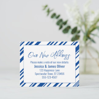 Our New Address Blue & White Diagonal Stripes Postcard