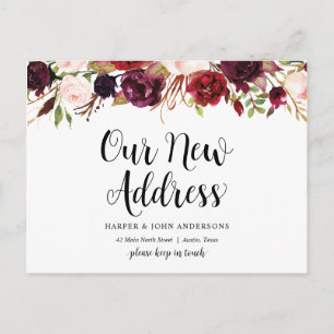 Our New Address, burgundy floral, Announcement Postcard