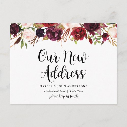 Our New Address burgundy floral Announcement Postcard