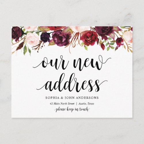 Our New Address burgundy floral Announcement Postcard