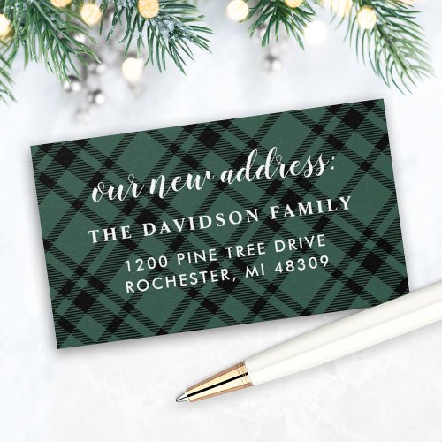 Our New Address Card Hunter Green Plaid Holiday