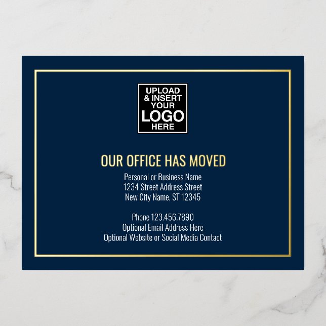 Our New Address Information - Navy - Business Logo Foil Invitation Postcard (Front)