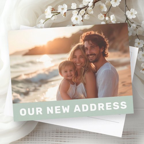 Our new address modern dusty green photo moving postcard