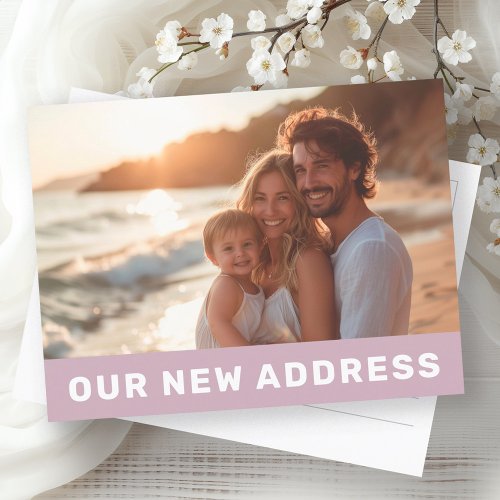 Our new address modern dusty purple photo moving postcard