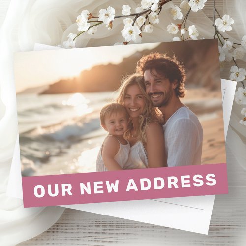 Our new address modern rose mauve photo moving postcard