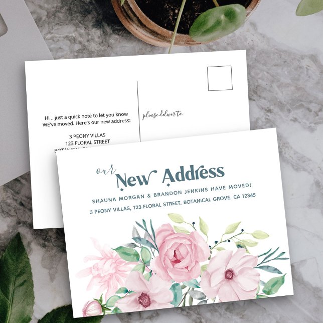Our New Address Peonies Floral Moving Announcement (New Address postcard with pink peony rose flowers)