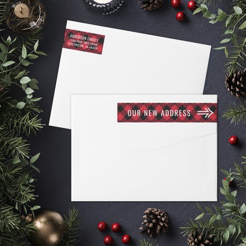 Our New Address Red Buffalo Plaid Holiday Wrap Around Label